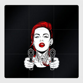 Магнитный плакат 3Х3 с принтом Woman is holding a gun в Екатеринбурге, Полимерный материал с магнитным слоем | 9 деталей размером 9*9 см | girl | guns | tattoo | woman | девушка | красотка | масоны | оружие | пистолеты | тату | треугольник