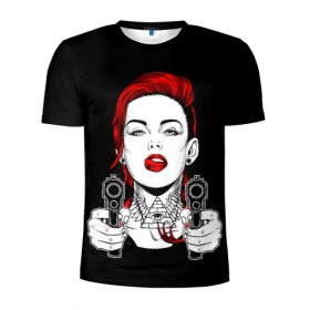 Мужская футболка 3D спортивная с принтом Woman is holding a gun в Екатеринбурге, 100% полиэстер с улучшенными характеристиками | приталенный силуэт, круглая горловина, широкие плечи, сужается к линии бедра | girl | guns | tattoo | woman | девушка | красотка | масоны | оружие | пистолеты | тату | треугольник