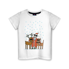 Детская футболка хлопок с принтом THE HATTERS: Дед Мороз не показывает слёз в Екатеринбурге, 100% хлопок | круглый вырез горловины, полуприлегающий силуэт, длина до линии бедер | Тематика изображения на принте: hatters | дед мороз | джипси | музыченко | новый год | олень | рождество | рок | ска | снег | снежинки | фолк | шляпники