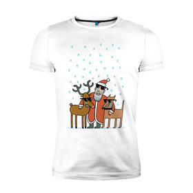 Мужская футболка премиум с принтом THE HATTERS: Дед Мороз не показывает слёз в Екатеринбурге, 92% хлопок, 8% лайкра | приталенный силуэт, круглый вырез ворота, длина до линии бедра, короткий рукав | hatters | дед мороз | джипси | музыченко | новый год | олень | рождество | рок | ска | снег | снежинки | фолк | шляпники