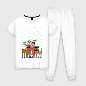 Женская пижама хлопок с принтом THE HATTERS: Дед Мороз не показывает слёз в Екатеринбурге, 100% хлопок | брюки и футболка прямого кроя, без карманов, на брюках мягкая резинка на поясе и по низу штанин | hatters | дед мороз | джипси | музыченко | новый год | олень | рождество | рок | ска | снег | снежинки | фолк | шляпники