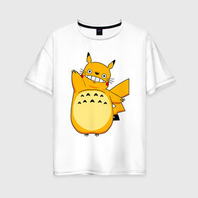 Женская футболка хлопок Oversize с принтом Pika Totoro в Екатеринбурге, 100% хлопок | свободный крой, круглый ворот, спущенный рукав, длина до линии бедер
 | forest | friend | ghibli | japan | keeper | miyazaki | nature | neigbor | neighbour | pikachu | pokemon | totoro | анимация | аниме | гибли | друг | животные | лес | любовь | милый | мир | миядзаки | мульт | мультфильм | пика | пикачу | покемон | приключе