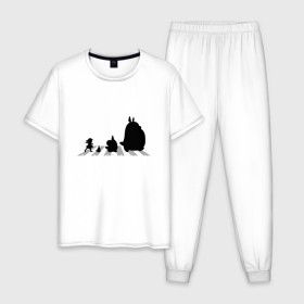 Мужская пижама хлопок с принтом Totoro Beatles в Екатеринбурге, 100% хлопок | брюки и футболка прямого кроя, без карманов, на брюках мягкая резинка на поясе и по низу штанин
 | Тематика изображения на принте: abbey road | beatles | forest | friend | ghibli | japan | keeper | miyazaki | music | nature | neigbor | neighbo | rock | totoro | анимация | аниме | битлз | гибли | друг | животные | лес | любовь | милый | мир | миядзаки | музыка | мульт | мультфильм | п