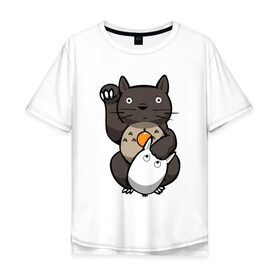 Мужская футболка хлопок Oversize с принтом Totoro Maneki Neko в Екатеринбурге, 100% хлопок | свободный крой, круглый ворот, “спинка” длиннее передней части | cat | forest | friend | ghibli | japan | keeper | miyazaki | nature | neigbor | neighbour | totoro | анимация | аниме | гибли | друг | животные | кот | котенок | котик | кошка | лес | любовь | милый | мир | миядзаки | мульт | мультфильм