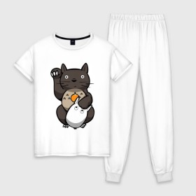 Женская пижама хлопок с принтом Totoro Maneki Neko в Екатеринбурге, 100% хлопок | брюки и футболка прямого кроя, без карманов, на брюках мягкая резинка на поясе и по низу штанин | cat | forest | friend | ghibli | japan | keeper | miyazaki | nature | neigbor | neighbour | totoro | анимация | аниме | гибли | друг | животные | кот | котенок | котик | кошка | лес | любовь | милый | мир | миядзаки | мульт | мультфильм