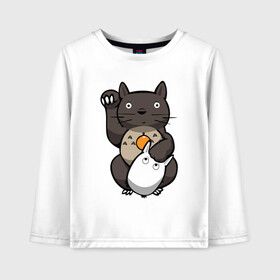 Детский лонгслив хлопок с принтом Totoro Maneki Neko в Екатеринбурге, 100% хлопок | круглый вырез горловины, полуприлегающий силуэт, длина до линии бедер | cat | forest | friend | ghibli | japan | keeper | miyazaki | nature | neigbor | neighbour | totoro | анимация | аниме | гибли | друг | животные | кот | котенок | котик | кошка | лес | любовь | милый | мир | миядзаки | мульт | мультфильм