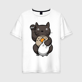 Женская футболка хлопок Oversize с принтом Totoro Maneki Neko в Екатеринбурге, 100% хлопок | свободный крой, круглый ворот, спущенный рукав, длина до линии бедер
 | cat | forest | friend | ghibli | japan | keeper | miyazaki | nature | neigbor | neighbour | totoro | анимация | аниме | гибли | друг | животные | кот | котенок | котик | кошка | лес | любовь | милый | мир | миядзаки | мульт | мультфильм