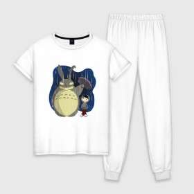 Женская пижама хлопок с принтом Donnie Totoro в Екатеринбурге, 100% хлопок | брюки и футболка прямого кроя, без карманов, на брюках мягкая резинка на поясе и по низу штанин | donnie darko | forest | friend | ghibli | japan | keeper | miyazaki | nature | neigbor | neighbour | totoro | анимация | аниме | гибли | донни дарко | друг | животные | лес | любовь | милый | мир | миядзаки | мульт | мультфильм | приключения