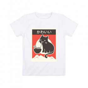 Детская футболка хлопок с принтом Котик и рамен в Екатеринбурге, 100% хлопок | круглый вырез горловины, полуприлегающий силуэт, длина до линии бедер | food | kawai | kawaii | аниме | еда | кавай | китайская | корейская | кот | рамен | японская