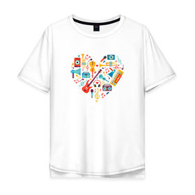 Мужская футболка хлопок Oversize с принтом Музыкальное Сердце в Екатеринбурге, 100% хлопок | свободный крой, круглый ворот, “спинка” длиннее передней части | музыка | музыкальное сердце | музыкальные инструменты | рисунок | сердце