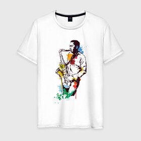 Мужская футболка хлопок с принтом Джаз в Екатеринбурге, 100% хлопок | прямой крой, круглый вырез горловины, длина до линии бедер, слегка спущенное плечо. | акварель | джаз | краски | музыка | музыкант | рисунок | саксофон | человек