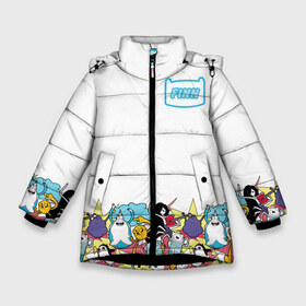 Зимняя куртка для девочек 3D с принтом Finn Adventure Time в Екатеринбурге, ткань верха — 100% полиэстер; подклад — 100% полиэстер, утеплитель — 100% полиэстер. | длина ниже бедра, удлиненная спинка, воротник стойка и отстегивающийся капюшон. Есть боковые карманы с листочкой на кнопках, утяжки по низу изделия и внутренний карман на молнии. 

Предусмотрены светоотражающий принт на спинке, радужный светоотражающий элемент на пуллере молнии и на резинке для утяжки. | Тематика изображения на принте: adventure time | dsgnosadchaya | vdosadir | бимо | время приключений | гантер | джейк | марселин | пендлтон уорд | пупырка | снежный король | финн