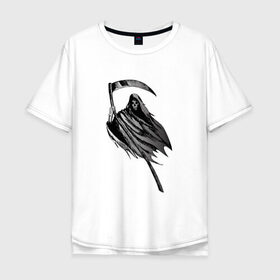 Мужская футболка хлопок Oversize с принтом Жнец в Екатеринбурге, 100% хлопок | свободный крой, круглый ворот, “спинка” длиннее передней части | жнец | коса | мрачный жнец | рисунок | тьма