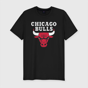 Мужская футболка хлопок Slim с принтом CHICAGO BULLS в Екатеринбурге, 92% хлопок, 8% лайкра | приталенный силуэт, круглый вырез ворота, длина до линии бедра, короткий рукав | Тематика изображения на принте: bulls | chicago | chicago bulls | nba | red bulls | usa | америка | быки | нба | сша | чикаго буллс