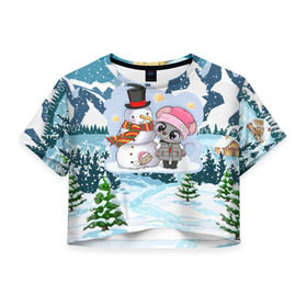 Женская футболка Cropp-top с принтом Милая мышка со снеговиком в Екатеринбурге, 100% полиэстер | круглая горловина, длина футболки до линии талии, рукава с отворотами | 2020 | mouse | rat | годкрысы | годмыши | зима | зимняя | крыса | мороз | мышка | мышь | новогодняя | новый год | новый год 2020 | рождество | симолгода | снег | холод