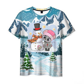Мужская футболка 3D с принтом Милая мышка со снеговиком в Екатеринбурге, 100% полиэфир | прямой крой, круглый вырез горловины, длина до линии бедер | Тематика изображения на принте: 2020 | mouse | rat | годкрысы | годмыши | зима | зимняя | крыса | мороз | мышка | мышь | новогодняя | новый год | новый год 2020 | рождество | симолгода | снег | холод