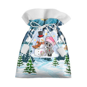 Подарочный 3D мешок с принтом Милая мышка со снеговиком в Екатеринбурге, 100% полиэстер | Размер: 29*39 см | 2020 | mouse | rat | годкрысы | годмыши | зима | зимняя | крыса | мороз | мышка | мышь | новогодняя | новый год | новый год 2020 | рождество | симолгода | снег | холод