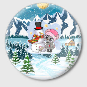 Значок с принтом Милая мышка со снеговиком в Екатеринбурге,  металл | круглая форма, металлическая застежка в виде булавки | 2020 | mouse | rat | годкрысы | годмыши | зима | зимняя | крыса | мороз | мышка | мышь | новогодняя | новый год | новый год 2020 | рождество | симолгода | снег | холод