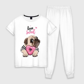 Женская пижама хлопок с принтом Love is Sweet в Екатеринбурге, 100% хлопок | брюки и футболка прямого кроя, без карманов, на брюках мягкая резинка на поясе и по низу штанин | Тематика изображения на принте: 