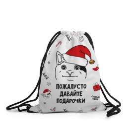 Рюкзак-мешок 3D с принтом Новогодний вежливый котик мем в Екатеринбурге, 100% полиэстер | плотность ткани — 200 г/м2, размер — 35 х 45 см; лямки — толстые шнурки, застежка на шнуровке, без карманов и подкладки | 