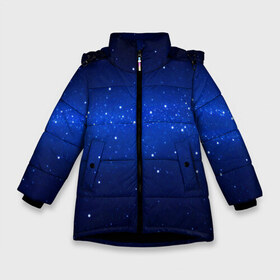 Зимняя куртка для девочек 3D с принтом BLUE STARRY SKY в Екатеринбурге, ткань верха — 100% полиэстер; подклад — 100% полиэстер, утеплитель — 100% полиэстер. | длина ниже бедра, удлиненная спинка, воротник стойка и отстегивающийся капюшон. Есть боковые карманы с листочкой на кнопках, утяжки по низу изделия и внутренний карман на молнии. 

Предусмотрены светоотражающий принт на спинке, радужный светоотражающий элемент на пуллере молнии и на резинке для утяжки. | Тематика изображения на принте: 2020 | blue | color | pantone | звезды | классический синий | космос | мода | небо | пантоне | синий | синий цвет