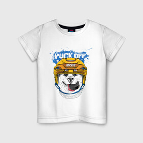 Детская футболка хлопок с принтом Hockey Dog в Екатеринбурге, 100% хлопок | круглый вырез горловины, полуприлегающий силуэт, длина до линии бедер | art | dog | dog in the helmet | dog with the puck | doggie | helmet | hockey | puck | арт | пёс | пёсик | собака | собака в шлеме | собака с шайбой | собачка | хоккей | шайба | шлем