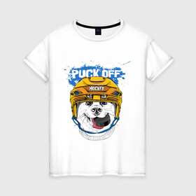 Женская футболка хлопок с принтом Hockey Dog в Екатеринбурге, 100% хлопок | прямой крой, круглый вырез горловины, длина до линии бедер, слегка спущенное плечо | art | dog | dog in the helmet | dog with the puck | doggie | helmet | hockey | puck | арт | пёс | пёсик | собака | собака в шлеме | собака с шайбой | собачка | хоккей | шайба | шлем