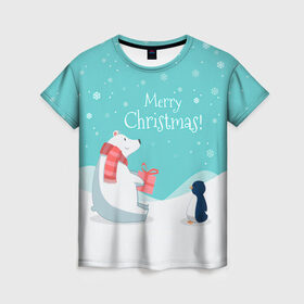 Женская футболка 3D с принтом Merry Christmas! в Екатеринбурге, 100% полиэфир ( синтетическое хлопкоподобное полотно) | прямой крой, круглый вырез горловины, длина до линии бедер | 