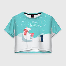 Женская футболка Crop-top 3D с принтом Merry Christmas! в Екатеринбурге, 100% полиэстер | круглая горловина, длина футболки до линии талии, рукава с отворотами | 