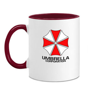 Кружка двухцветная с принтом UMBRELLA CORP в Екатеринбурге, керамика | объем — 330 мл, диаметр — 80 мм. Цветная ручка и кайма сверху, в некоторых цветах — вся внутренняя часть | ada wong | biohazard | leon | nemesis | project resistance | raccoon city | re | re3 | resident evil | resident evil 3 | rpd | stars | umbrella | ада вонг | амбрелла | немезис | ужасы