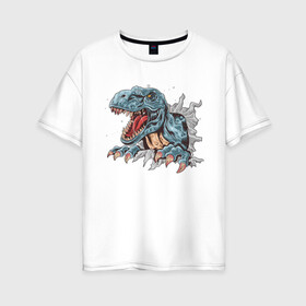 Женская футболка хлопок Oversize с принтом Тираннозавр в Екатеринбурге, 100% хлопок | свободный крой, круглый ворот, спущенный рукав, длина до линии бедер
 | динозавр | животные | злость | круто | природа | тираннозавр