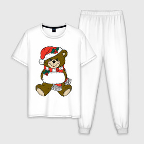 Мужская пижама хлопок с принтом Рождественский Мишка в Екатеринбурге, 100% хлопок | брюки и футболка прямого кроя, без карманов, на брюках мягкая резинка на поясе и по низу штанин
 | 