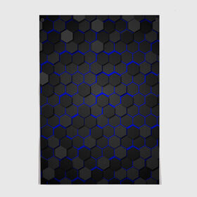 Постер с принтом OCTAGON синий в Екатеринбурге, 100% бумага
 | бумага, плотность 150 мг. Матовая, но за счет высокого коэффициента гладкости имеет небольшой блеск и дает на свету блики, но в отличии от глянцевой бумаги не покрыта лаком | neon octagon | octagon | неон | неоновые соты | синие соты | синие соты в неоне | шестиугольники