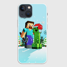 Чехол для iPhone 13 mini с принтом MINECRAFT НОВОГОДНИЙ в Екатеринбурге,  |  | Тематика изображения на принте: game | minecraft | блоки | дед мороз | елка | зима | игра | квадраты | компьютерная игра | крипер | майнкрафт | новый год | рождество