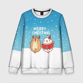 Детский свитшот 3D с принтом Molang. Merry Christmas в Екатеринбурге, 100% полиэстер | свободная посадка, прямой крой, мягкая тканевая резинка на рукавах и понизу свитшота | chicken | christmas | deer | korea | molang | newyear | piupiu | rabbit | smow | snowflakes | winter | год | зима | корея | кролик | моланг | новый | олень | пиу | рождество | снег | снежинка