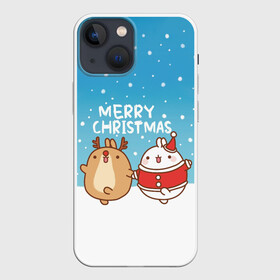 Чехол для iPhone 13 mini с принтом Molang. Merry Christmas в Екатеринбурге,  |  | chicken | christmas | deer | korea | molang | newyear | piupiu | rabbit | smow | snowflakes | winter | год | зима | корея | кролик | моланг | новый | олень | пиу | рождество | снег | снежинка