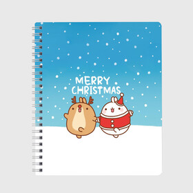 Тетрадь с принтом Molang Merry Christmas в Екатеринбурге, 100% бумага | 48 листов, плотность листов — 60 г/м2, плотность картонной обложки — 250 г/м2. Листы скреплены сбоку удобной пружинной спиралью. Уголки страниц и обложки скругленные. Цвет линий — светло-серый
 | chicken | christmas | deer | korea | molang | newyear | piupiu | rabbit | smow | snowflakes | winter | год | зима | корея | кролик | моланг | новый | олень | пиу | рождество | снег | снежинка