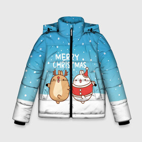 Зимняя куртка для мальчиков 3D с принтом Molang Merry Christmas в Екатеринбурге, ткань верха — 100% полиэстер; подклад — 100% полиэстер, утеплитель — 100% полиэстер | длина ниже бедра, удлиненная спинка, воротник стойка и отстегивающийся капюшон. Есть боковые карманы с листочкой на кнопках, утяжки по низу изделия и внутренний карман на молнии. 

Предусмотрены светоотражающий принт на спинке, радужный светоотражающий элемент на пуллере молнии и на резинке для утяжки | chicken | christmas | deer | korea | molang | newyear | piupiu | rabbit | smow | snowflakes | winter | год | зима | корея | кролик | моланг | новый | олень | пиу | рождество | снег | снежинка