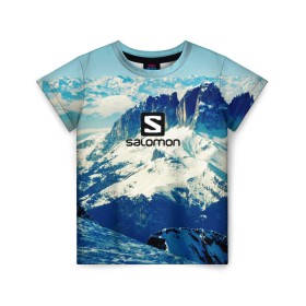 Детская футболка 3D с принтом SALOMON в Екатеринбурге, 100% гипоаллергенный полиэфир | прямой крой, круглый вырез горловины, длина до линии бедер, чуть спущенное плечо, ткань немного тянется | salomon | горы | снег | спорт