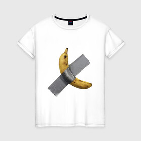 Женская футболка хлопок с принтом  Банан за 120 тысяч долларов в Екатеринбурге, 100% хлопок | прямой крой, круглый вырез горловины, длина до линии бедер, слегка спущенное плечо | art basel | banan | mem | memas | meme | мем | мемас | мемчик