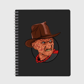 Тетрадь с принтом Freddy Krueger в Екатеринбурге, 100% бумага | 48 листов, плотность листов — 60 г/м2, плотность картонной обложки — 250 г/м2. Листы скреплены сбоку удобной пружинной спиралью. Уголки страниц и обложки скругленные. Цвет линий — светло-серый
 | Тематика изображения на принте: freddy krueger | friday the 13th | пятница 13 | фредди крюгер