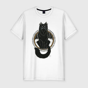 Мужская футболка хлопок Slim с принтом Йольский кот в Екатеринбурге, 92% хлопок, 8% лайкра | приталенный силуэт, круглый вырез ворота, длина до линии бедра, короткий рукав | Тематика изображения на принте: йоль | йольский кот | кот | мифы | праздник | руны | солнцестояние | черный кот