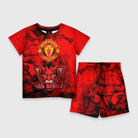 Детский костюм с шортами 3D с принтом Manchester United в Екатеринбурге,  |  | manchester united | red devils | красные дьяволы | манчестер | манчестер юнайтед | футбол