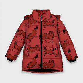 Зимняя куртка для девочек 3D с принтом красные кони в Екатеринбурге, ткань верха — 100% полиэстер; подклад — 100% полиэстер, утеплитель — 100% полиэстер. | длина ниже бедра, удлиненная спинка, воротник стойка и отстегивающийся капюшон. Есть боковые карманы с листочкой на кнопках, утяжки по низу изделия и внутренний карман на молнии. 

Предусмотрены светоотражающий принт на спинке, радужный светоотражающий элемент на пуллере молнии и на резинке для утяжки. | животные | конный спорт | конь | лошадь | наездник | спорт