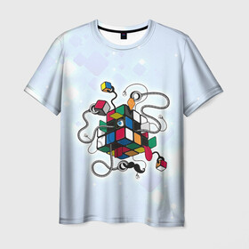 Мужская футболка 3D с принтом Кубик Рубика в Екатеринбурге, 100% полиэфир | прямой крой, круглый вырез горловины, длина до линии бедер | Тематика изображения на принте: mathematica | кубик | магия. формулы | математика | наука | рубика | соберись | технарь