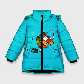 Зимняя куртка для девочек 3D с принтом Кубик Рубика танцор в Екатеринбурге, ткань верха — 100% полиэстер; подклад — 100% полиэстер, утеплитель — 100% полиэстер. | длина ниже бедра, удлиненная спинка, воротник стойка и отстегивающийся капюшон. Есть боковые карманы с листочкой на кнопках, утяжки по низу изделия и внутренний карман на молнии. 

Предусмотрены светоотражающий принт на спинке, радужный светоотражающий элемент на пуллере молнии и на резинке для утяжки. | Тематика изображения на принте: mathematica | кубик | магия. формулы | математика | наука | рубика | соберись | танец | технарь