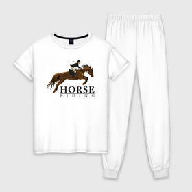 Женская пижама хлопок с принтом HORSE RIDING в Екатеринбурге, 100% хлопок | брюки и футболка прямого кроя, без карманов, на брюках мягкая резинка на поясе и по низу штанин | Тематика изображения на принте: животные | конный спорт | конь | лошадь | наездник | спорт | стикер