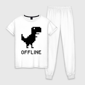 Женская пижама хлопок с принтом Offline в Екатеринбурге, 100% хлопок | брюки и футболка прямого кроя, без карманов, на брюках мягкая резинка на поясе и по низу штанин | dinosaur | google | internet | offline | гугл | динозавр | интернет | офлайн | оффлайн