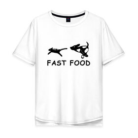 Мужская футболка хлопок Oversize с принтом Fast food (черный) в Екатеринбурге, 100% хлопок | свободный крой, круглый ворот, “спинка” длиннее передней части | Тематика изображения на принте: fast food | бег | быстрая еда | быстро | догнать | домашние животные | животные | забавные животные | кот | кот и пес | кошка | ловить | любителю собак | пес | преследовать | прикол | смешное