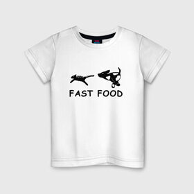 Детская футболка хлопок с принтом Fast food (черный) в Екатеринбурге, 100% хлопок | круглый вырез горловины, полуприлегающий силуэт, длина до линии бедер | Тематика изображения на принте: fast food | бег | быстрая еда | быстро | догнать | домашние животные | животные | забавные животные | кот | кот и пес | кошка | ловить | любителю собак | пес | преследовать | прикол | смешное